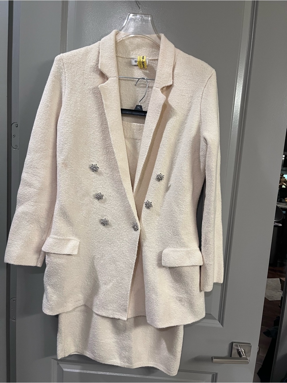 Express Cream Bouclé Double-Breasted Skirt Set with Jeweled Buttons